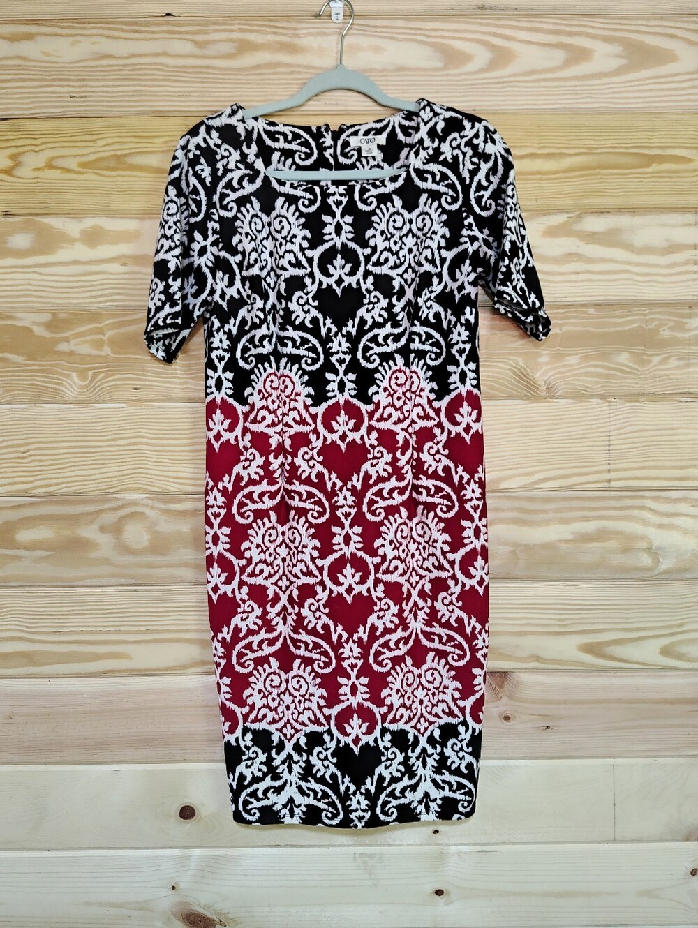 Cato Size 10 Black Red White Damask Print Midi Sheath Dress Stretch Short Sleeve